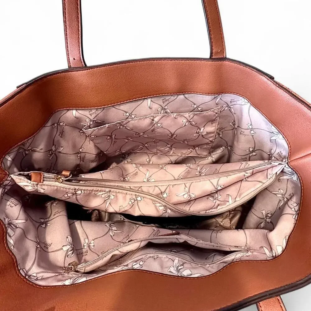 Vintage Betsey Johnson Cognac Leather Embroidered Quilted Structured Tote Bag